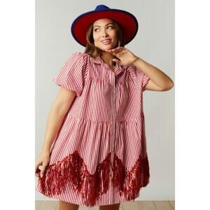 Fantastic Fawn Red White Stripe Sequin Tassel Fringe Shirt Dress Small College
